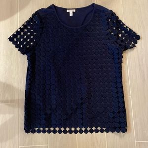 Charter Club navy blue tunic tee with lace dot overlay